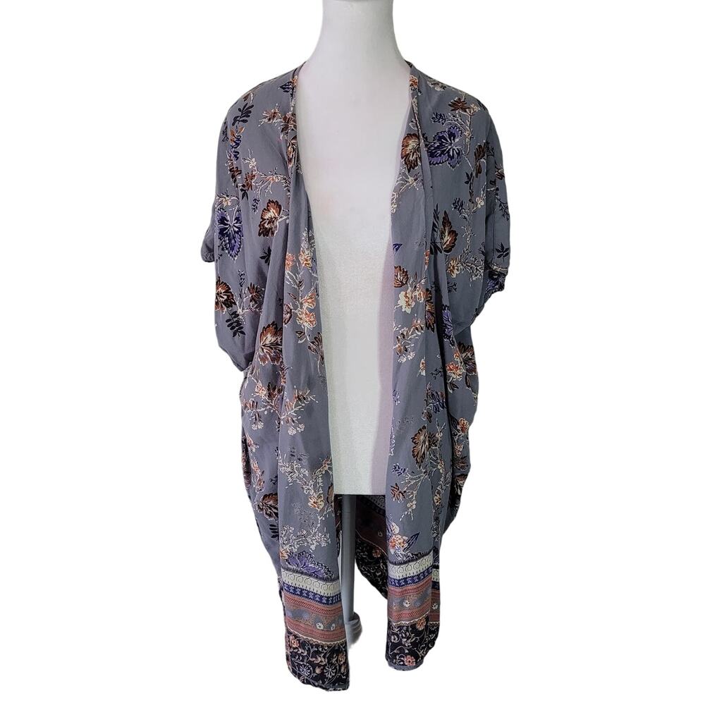 Angie Size S Open Front Blue Foliage Floral Cardigan‎ Short Sleeve Boho Bohemian